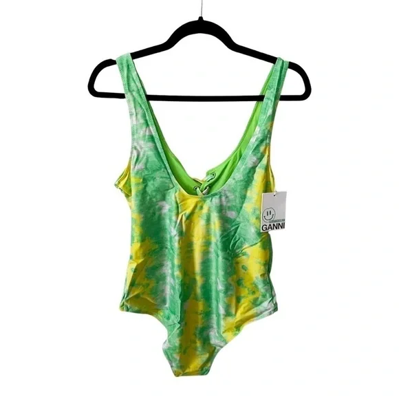 NWT GANNI Tie Dye Lace-up Green Yellow One-piece Swimsuit Sz 42 - Picture 3 of 7